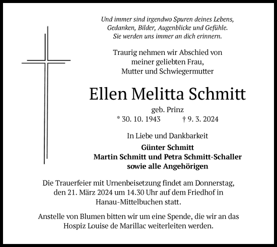 Traueranzeige von Ellen Melitta Schmitt von OF