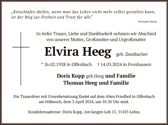 Traueranzeige von Elvira Heeg von OF