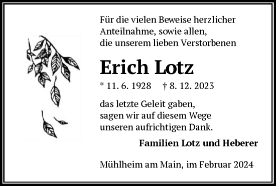 Traueranzeige von Erich Lotz von OF