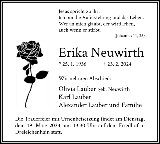 Traueranzeige von Erika Neuwirth von OF