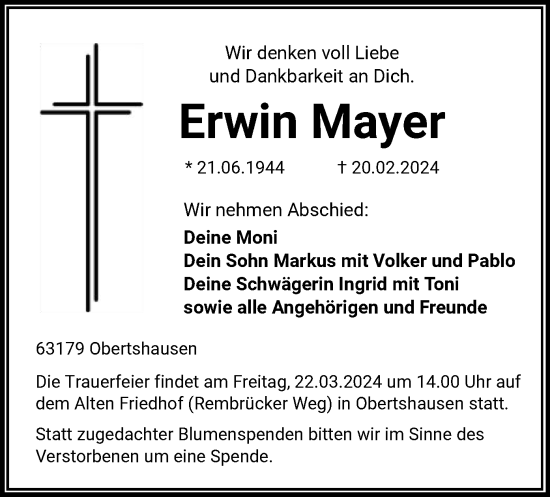 Traueranzeige von Erwin Mayer von OF