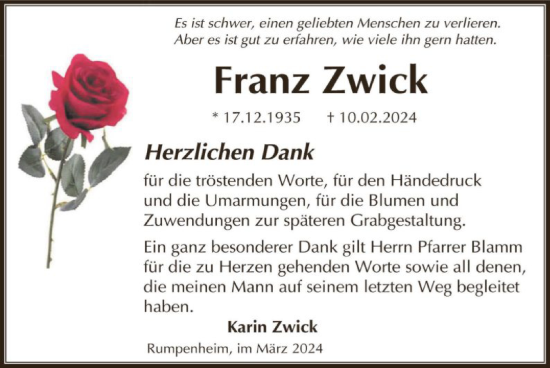Traueranzeige von Franz Zwick von OF