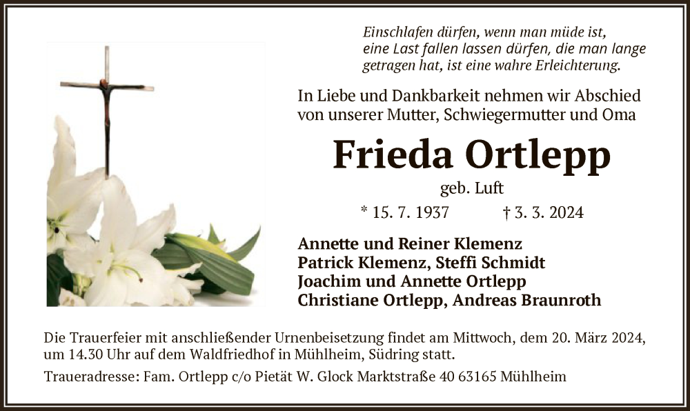  Traueranzeige für Frieda Ortlepp vom 16.03.2024 aus OF