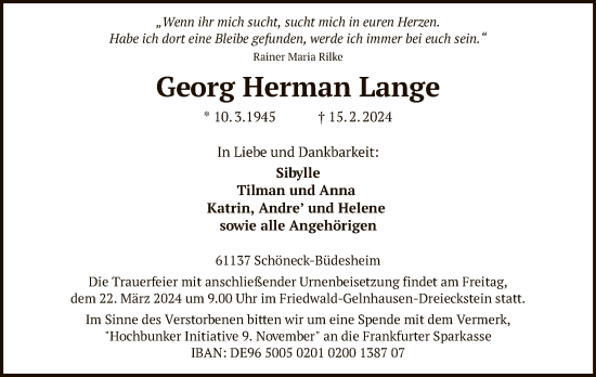 Traueranzeige von Georg Herman Lange von OF