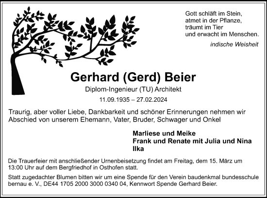 Traueranzeige von Gerhard Beier von OF