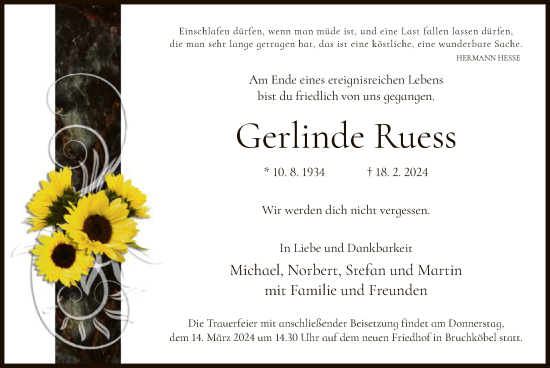 Traueranzeige von Gerlinde Ruess von OF