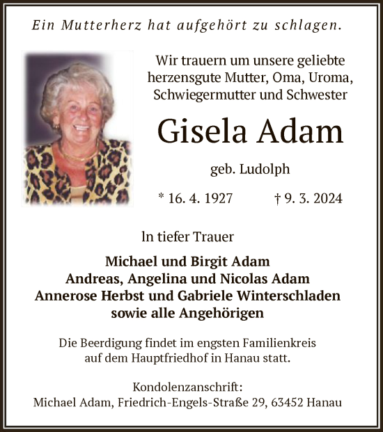 Traueranzeige von Gisela Adam von OF