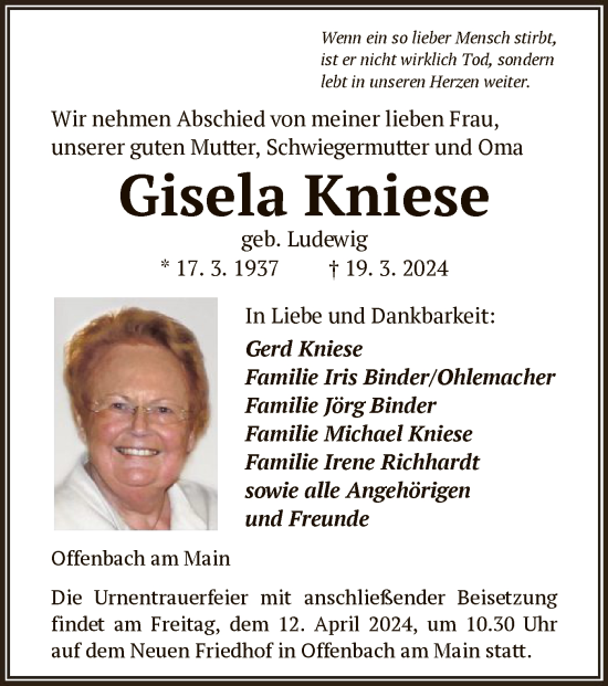 Traueranzeige von Gisela Kniese von OF