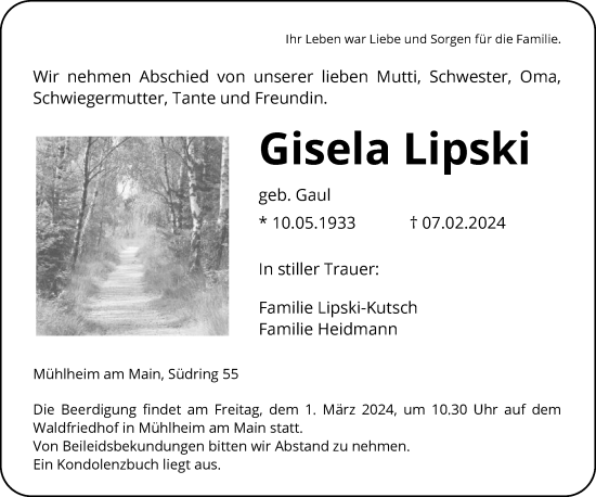 Traueranzeige von Gisela Lipski von OF