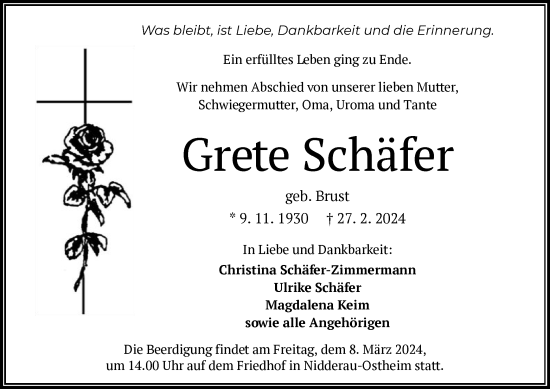 Traueranzeige von Grete Schäfer von OF