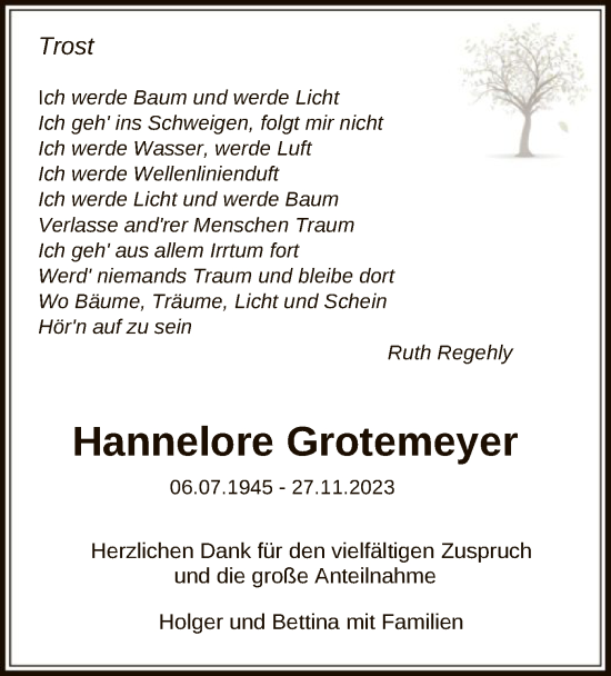 Traueranzeige von Hannelore Grotemeyer von OF