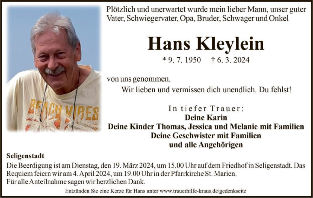  Traueranzeige für Hans Kleylein vom 16.03.2024 aus OF