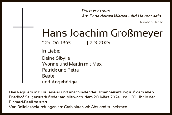 Traueranzeige von Hans Joachim Großmeyer von OF