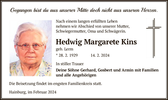 Traueranzeige von Hedwig Margarete Kins von OF