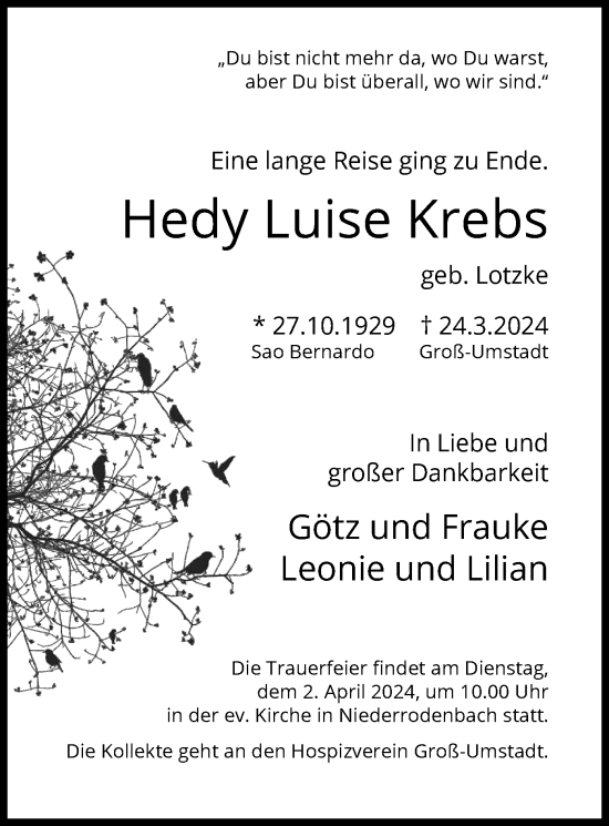 Traueranzeige von Hedy Luise Krebs von OF