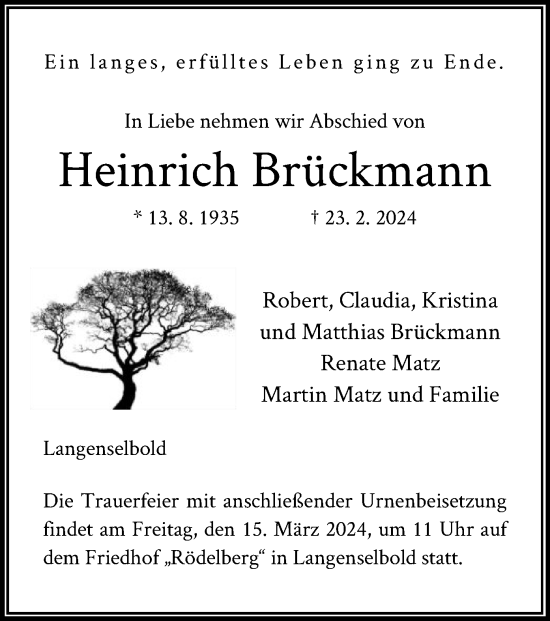 Traueranzeige von Heinrich Brückmann von OF