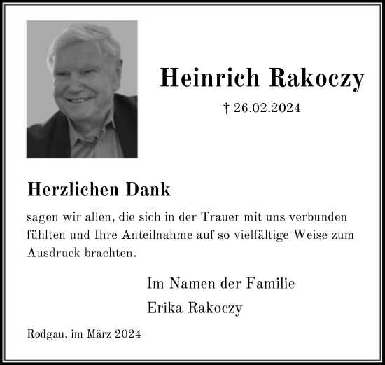 Traueranzeige von Heinrich Rakoczy von OF