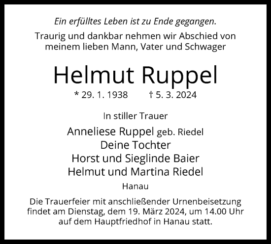 Traueranzeige von Helmut Ruppel von OF