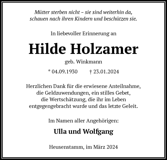 Traueranzeige von Hilde Holzamer von OF