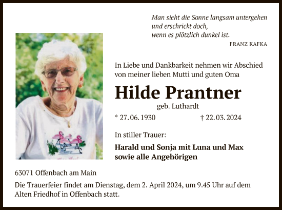 Traueranzeige von Hilde Prantner von OF