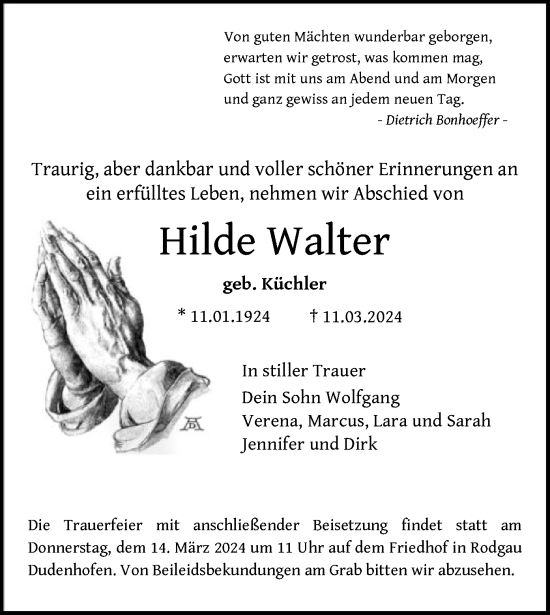 Traueranzeige von Hilde Walter von OF