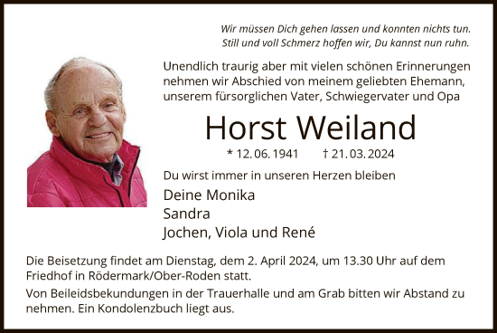 Traueranzeige von Horst Weiland von OF