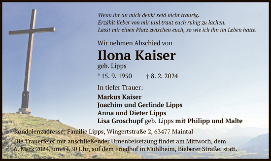 Traueranzeige von Ilona Kaiser von OF