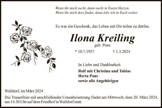 Traueranzeige von Ilona Kreiling von OF