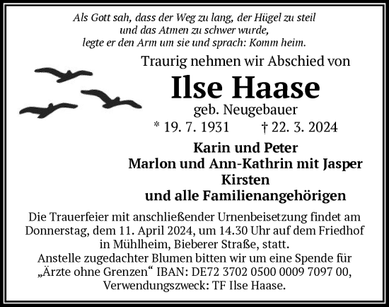 Traueranzeige von Ilse Haase von OF