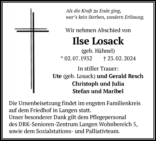 Traueranzeige von Ilse Losack von OF
