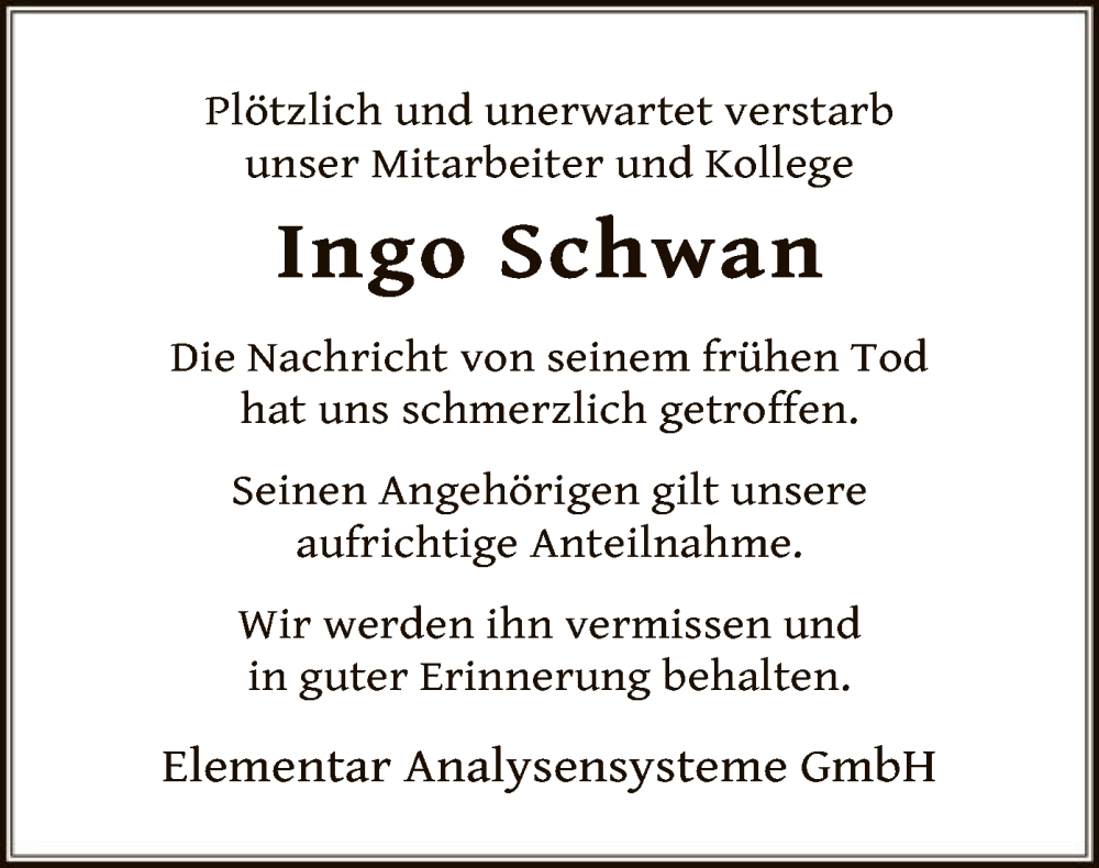  Traueranzeige für Ingo Schwan vom 16.03.2024 aus OF