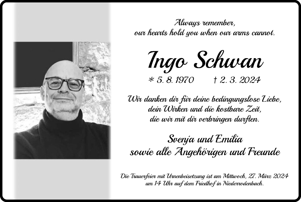  Traueranzeige für Ingo Schwan vom 16.03.2024 aus OF