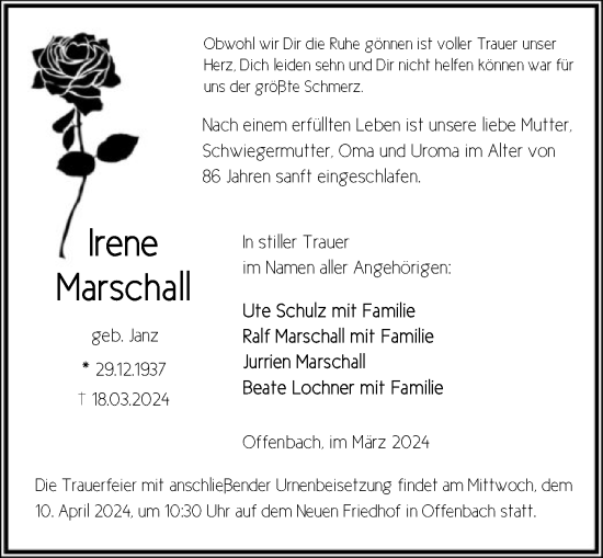 Traueranzeige von Irene Marschall von OF