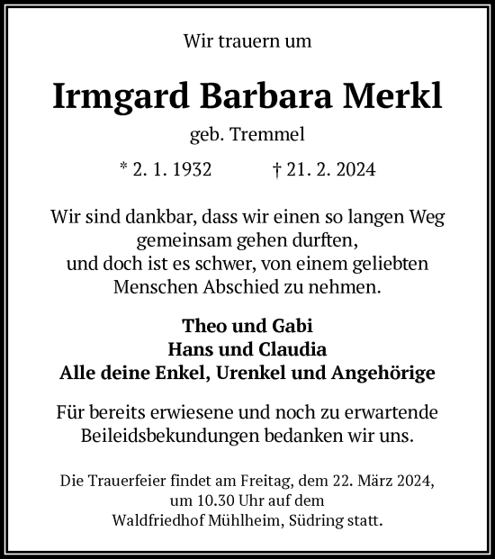 Traueranzeige von Irmgard Barbara Merkl von OF