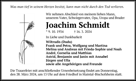 Traueranzeige von Joachim Schmidt von OF