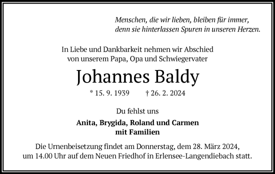 Traueranzeige von Johannes Baldy von OF