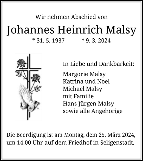 Traueranzeige von Johannes Heinrich Malsy von OF