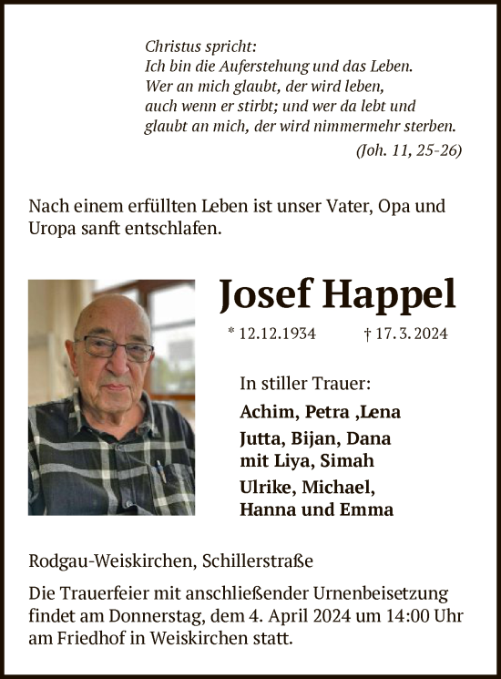 Traueranzeige von Josef Happel von OF