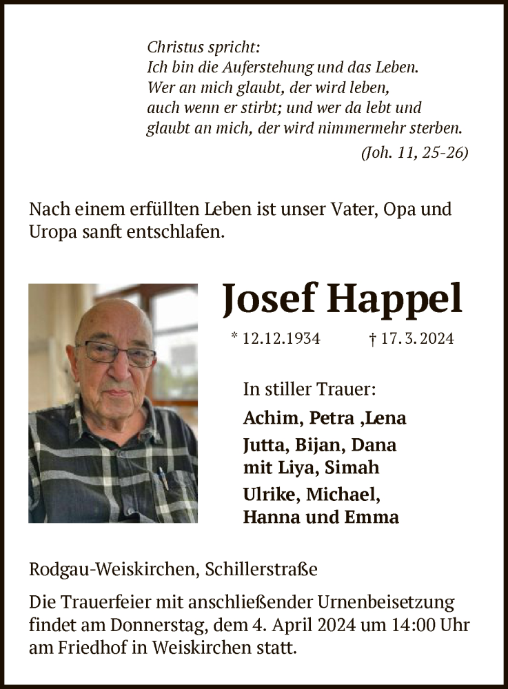  Traueranzeige für Josef Happel vom 30.03.2024 aus OF