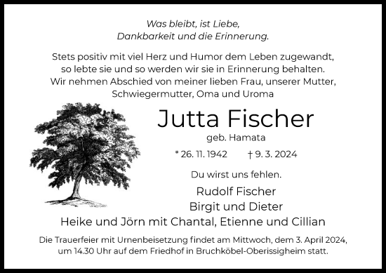 Traueranzeige von Jutta Fischer von OF