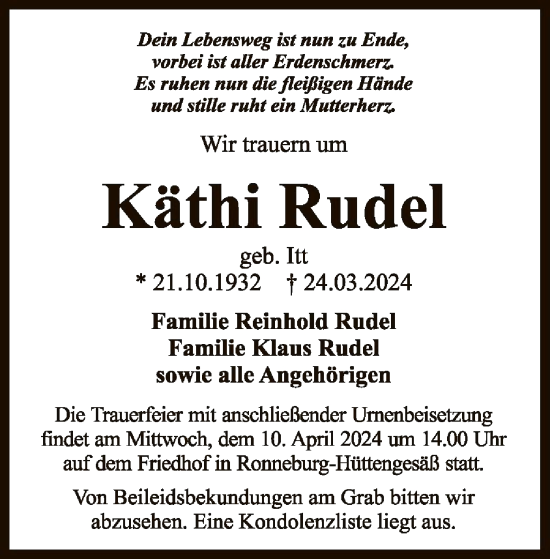 Traueranzeige von Käthi Rudel von OF