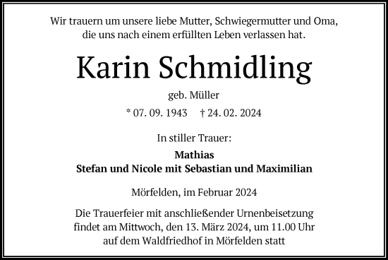 Traueranzeige von Karin Schmidling von OF