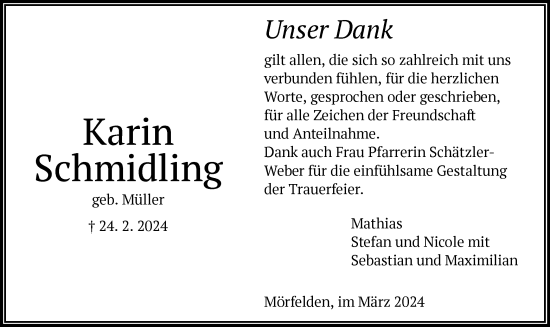 Traueranzeige von Karin Schmidling von OF