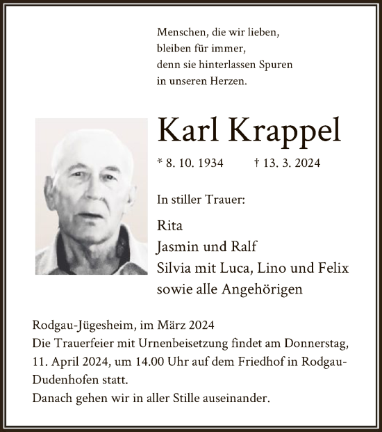 Traueranzeige von Karl Krappel von OF