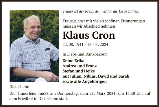 Traueranzeige von Klaus Cron von OF