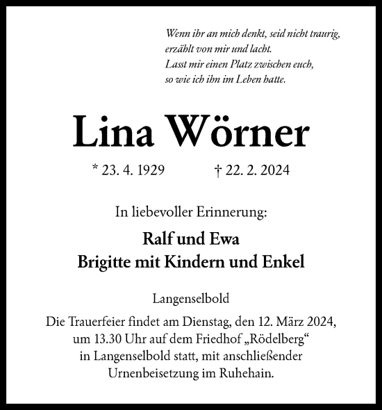 Traueranzeige von Lina Wörner von OF