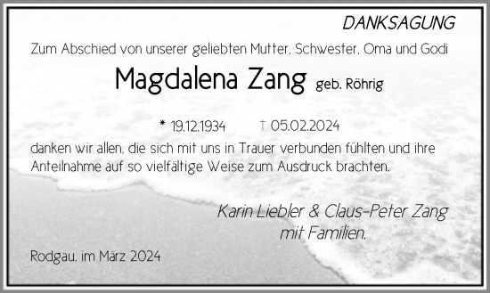 Traueranzeige von Magdalena Zang von OF