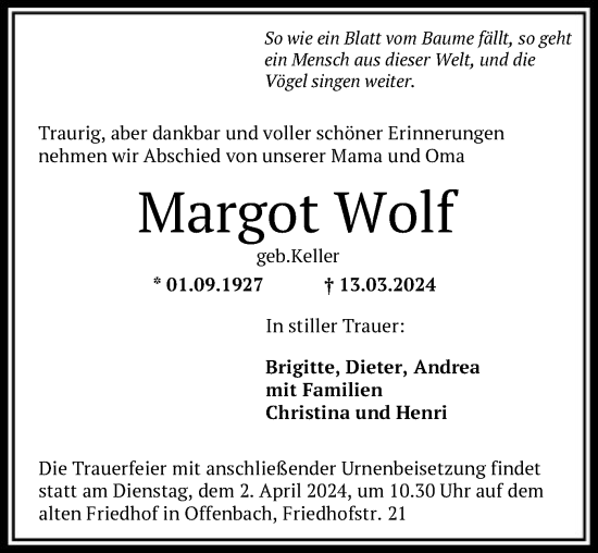 Traueranzeige von Margot Wolf von OF