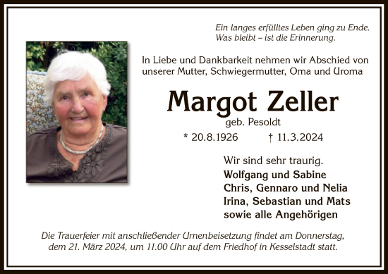 Traueranzeige von Margot Zeller von OF