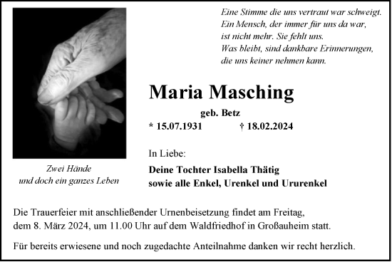 Traueranzeige von Maria Masching von OF